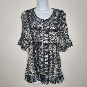 Larry Levine black white mixed print grunge lace abstract art to wear top large